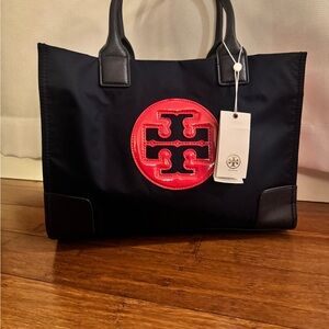 Tory Burch Black and Red Logo Tote